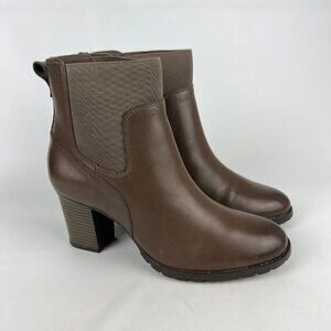 Clarks Womens Verona Ease Brown Leather Chelsea Ankle Boots Block Heel size 11M